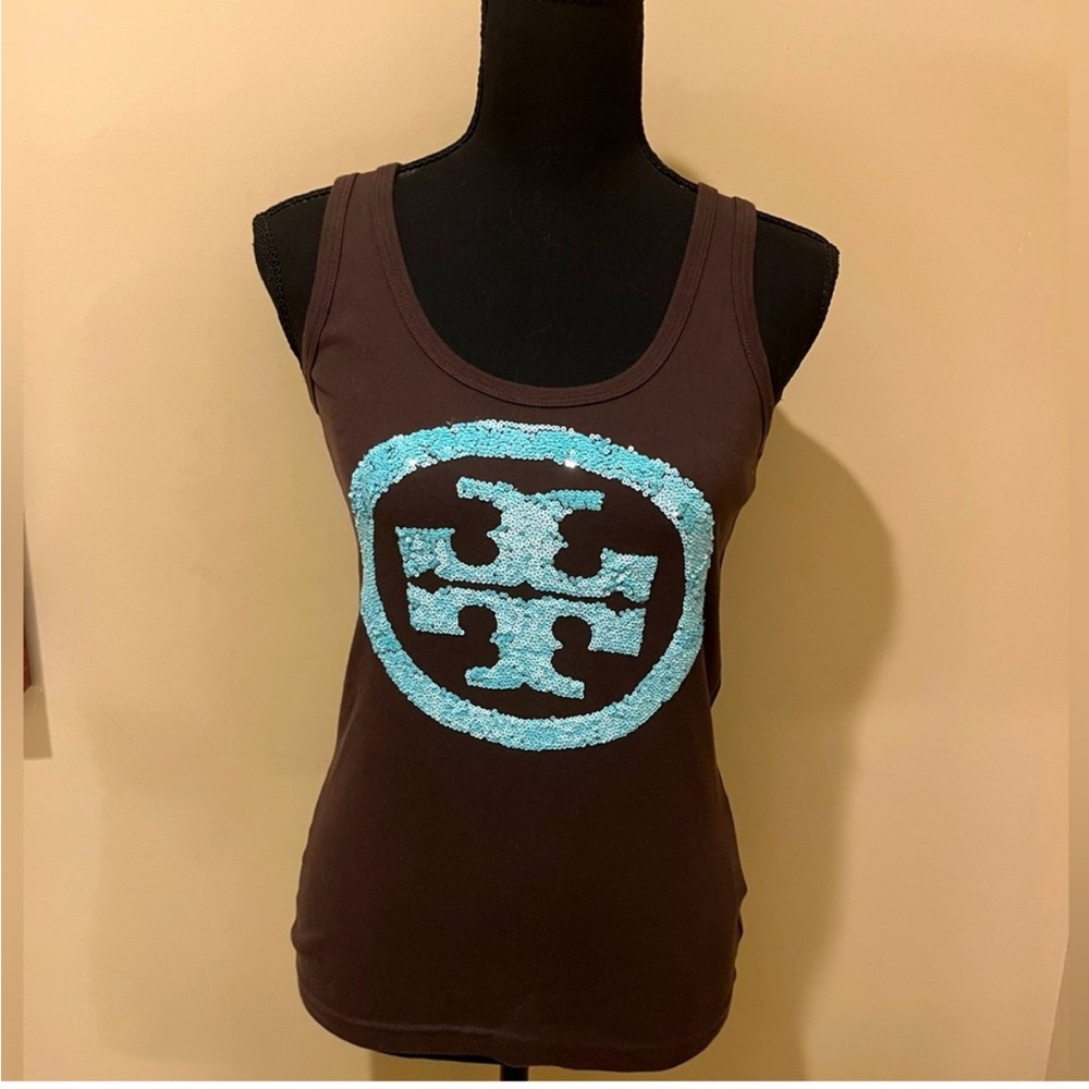 Tory Burch chocolate Tank Top with sparkling light blue Sequin Logo
